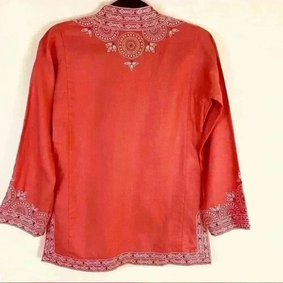 J. Crew Coral Embroidered Embellished V-Neck Linen Kimono Tunic Top Size XS - Picture 8 of 12